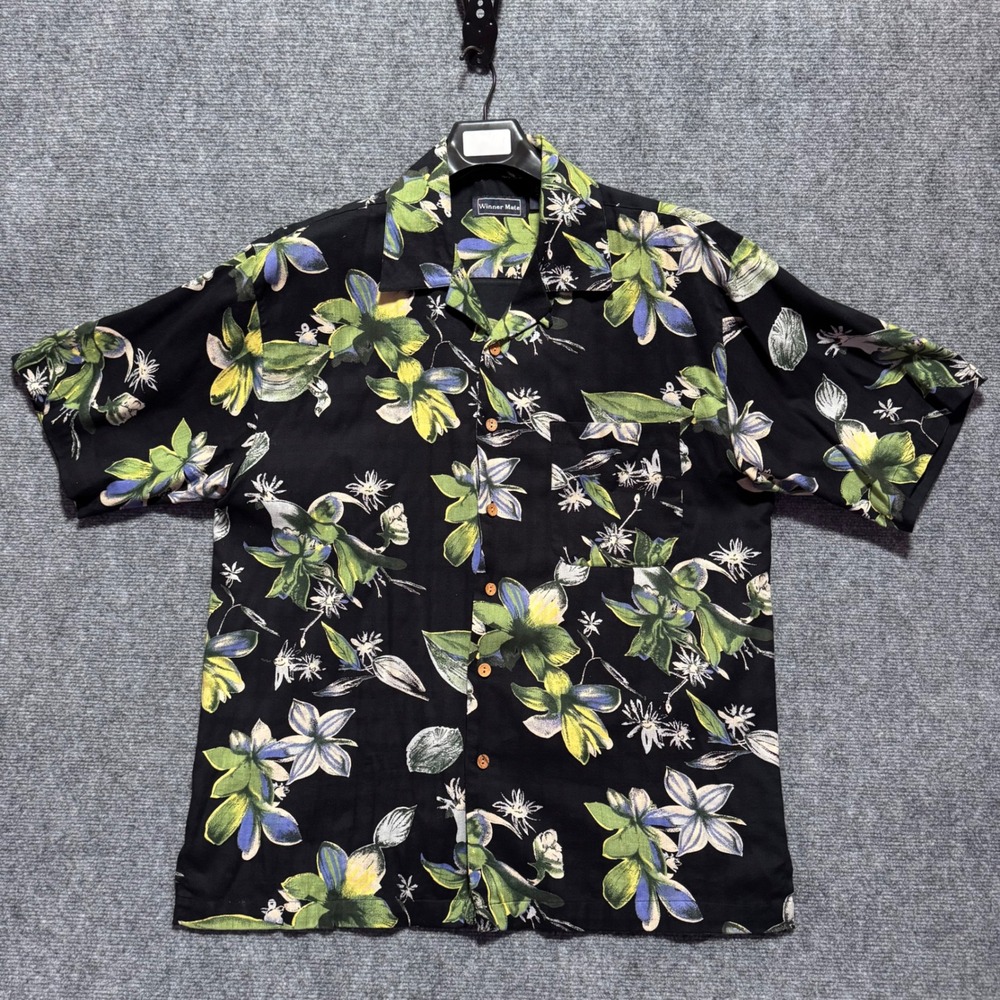 Winner Mate Loop Collar Shirt Camp Rayon Blend Floral Hawaiian Large Black Cork